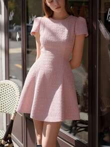 Đầm thanh lịch - Cổ tròn, tay phồng, thiết kế eo cao, phù hợp cho cả mặc hàng ngày và dự tiệc, màu hồng mùa hè. - Hồng - Xem 4