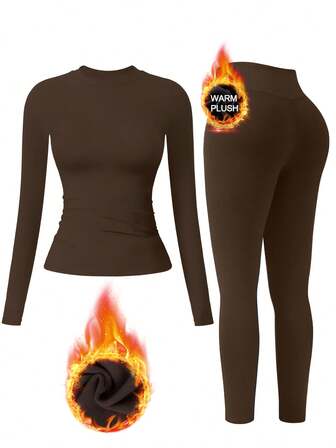 1 Set Women Elastic Tight Fit Thermal Lined Lifting Waist Long Sleeve Pants Sports Suit