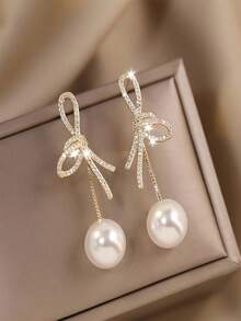1pair High-End Luxurious Faux Pearl & Rhinestone Decor Butterfly Shaped Dangle Earrings For Women, Fashionable & Personalized Ear Studs - Yellow Gold - View 6