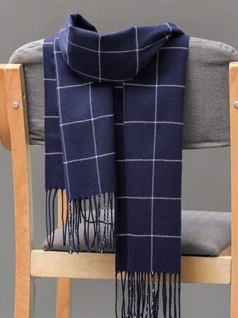 1 件男士欧美格子流苏保暖围巾，适合学生、情侣、商务、户外、秋冬