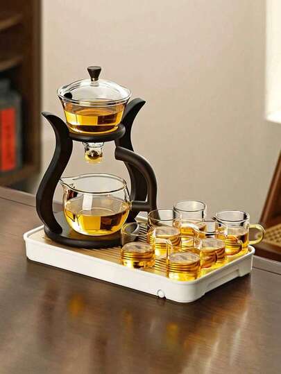 1 Set Premium Glass Tea Set With Magnetic Coaster, 1 Teapot And 6 Teacups, Elegant Semi-Automatic Magnetic Water Filling Tea Pot Set, High-End Transparent Tea Set, Suitable For Business And Home Use - Easy To Clean And Maintain, Gift Box Included, Perfect Gift Choice!