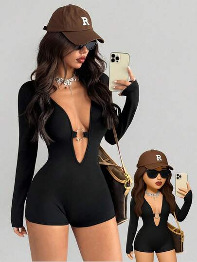 AITYI Studio Women's Jumpsuit, Casual Daily Irregular Ring Metal Decor Deep V Hollow-Out Sexy Clubwear, Outdoor Sports, Graduation, Back To School, Christmas, Autumn/Winter Stretchy Knit Long Sleeve Romper