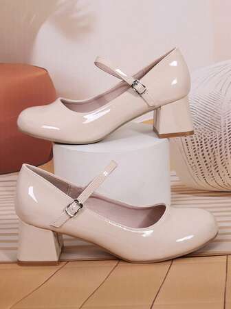 Shiny Patent Leather Thick Heel Round Toe Mary Jane Pumps For Women, Autumn/Winter Vacation Style Ankle Strap Metal Buckle Pointed Toe High Heel Pumps, Commute & Outdoor Fashion High Heel Shoes, Promotion