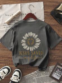 夏季新款简约时尚向日葵十字生命字母印花休闲圆领灰色短袖T恤，时尚百搭女式上衣 - 深灰色 - 查看 2