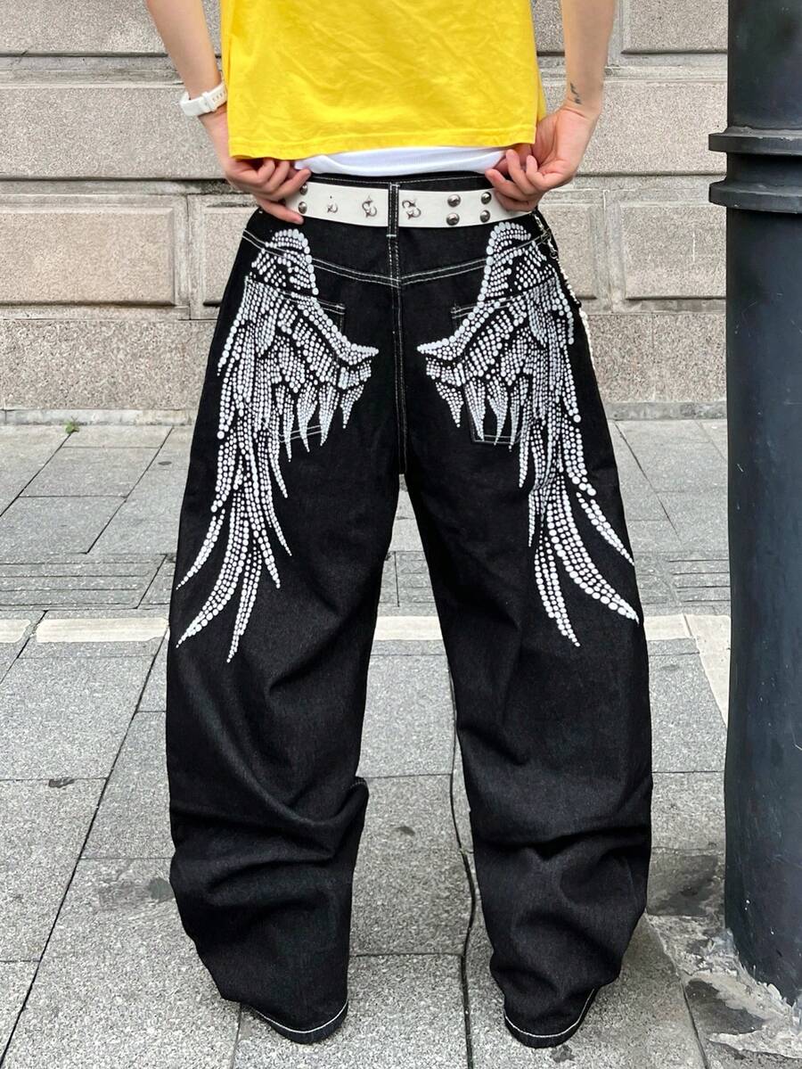 1条Infinite Jeans复古印花宽松休闲阔腿牛仔裤，舒适百搭，不含腰带或配饰 - 黑色 - 查看 1