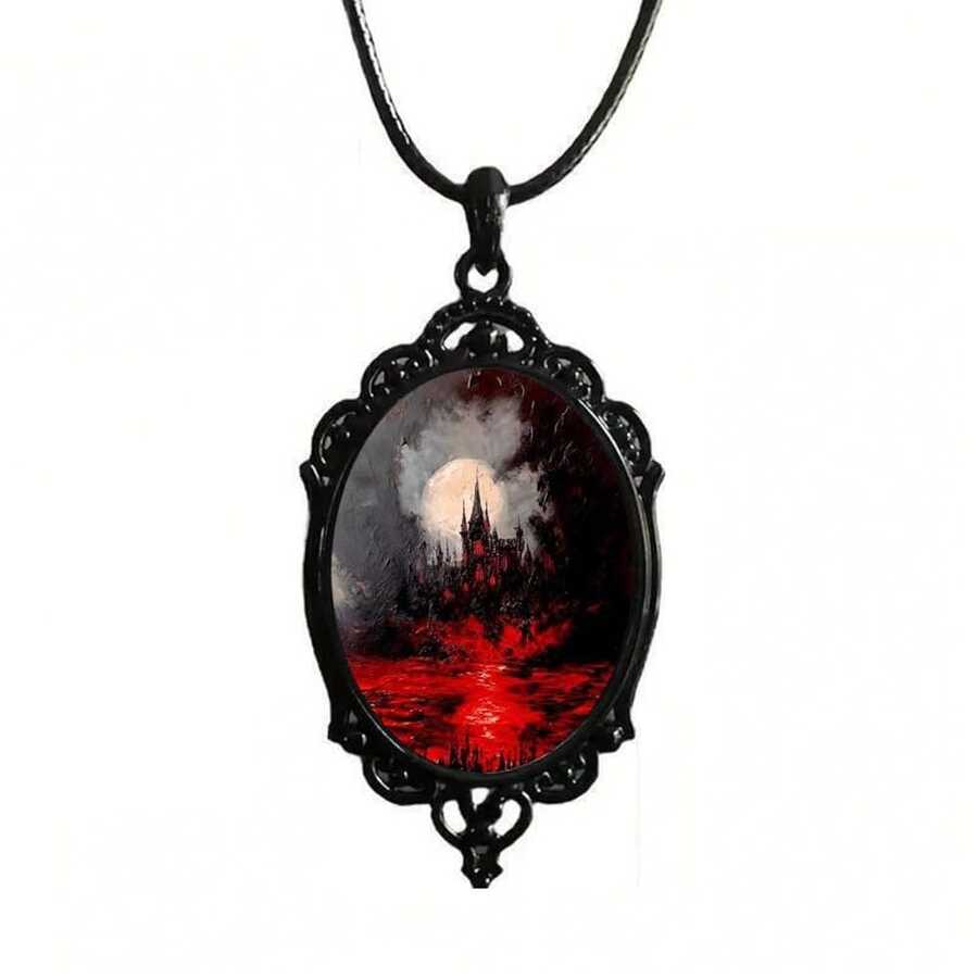 PINK TOWN Gothic Raven Castle Pendant Necklace,Vintage Cameo Glass Pendant Necklace Punk Style Victorian Choker Necklace Goth Raven Cabochon Choker Mystic Witch Halloween Jewelry For Women{Inchcolor_nameinch:InchCastleinch} - 城堡 - 查看 1