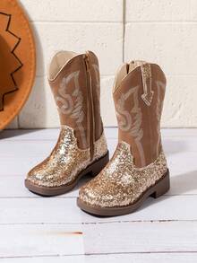 NILOSH 1 Pair Children's PU Square Toe Mid-Calf Cowboy Boots - Gold - View 12