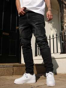 Fashionable Ripped Skinny Jeans For Teenagers - Black - View 4