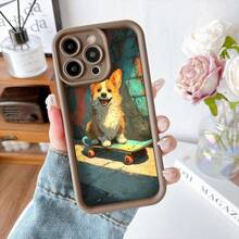 Cubierta de teléfono con borde protector color gris oscuro con estampado de perro corgi sobre patineta en estilo urbano para uso diario y viajes - Negro - Ver 5