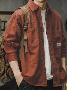 Men's Solid Color Casual Button-Up Shirt, Loose Fit Cargo Style Style, Versatile For Office And Daily Wear, For Fall