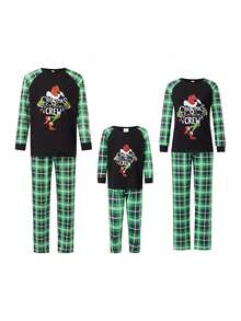 Christmas Family Pajama Set, Featuring A Green Monster Print Long-Sleeved Top And Plaid Pants. Christmas Loungewear, Christmas Parent-Child Outfits, Christmas Pajamas. - 綠色 - 查看 5