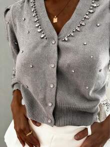 Áo khoác cardigan dài tay cổ chữ V màu xám thanh lịch, cao cấp dành cho nữ, cài cúc phía trước, đính đá, chất liệu dệt kim gân, thoải mái, thích hợp cho mùa thu/đông, đi chơi, tiệc tùng, hẹn hò, dạo phố, đi học, nghỉ dưỡng, Giáng sinh và năm mới. - Xám - Xem 2