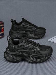 Women's Chunky Sneakers, New Autumn Lace-Up Low-Top Casual Shoes, Comfortable & Lightweight Leather & Mesh Breathable Outdoor Running Shoes, Simple Solid Retro Distressed Casual Sports Shoes, Petite Women Essential Height Increasing Vacation Travel Streetwear Shoes - Black - View 3
