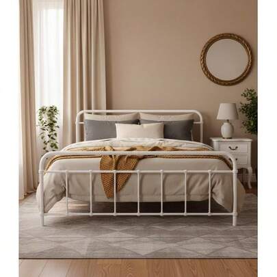 Queen Metal Bed Frame With Headboard Base Only Metal Platform Bed With Easy Assembly 300kg Capacity HeavyDuty Metal Slats With Under Bed Storage For Master Bedroom Guest Room White