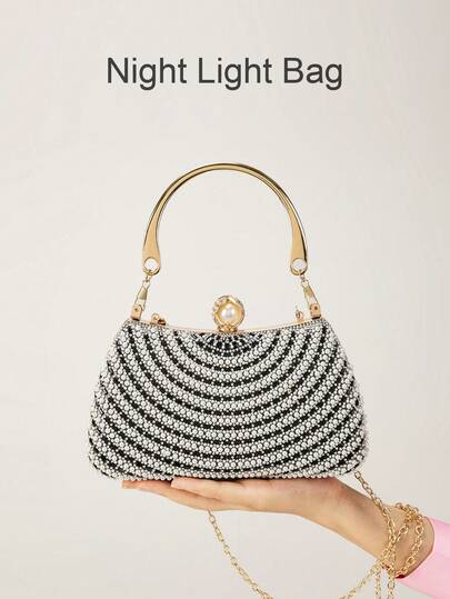 1 szt. Torba na lampkę nocną, lśniąca, urocza, elegancka, wykwintna, zdobiona kryształkami torba w czarnym pudełku, efektowna torebka/torebka wieczorowa dla dziewczynek i kobiet, idealna na imprezę, wesele, bal, kolację/bankiet, najlepszy prezent dla kobiet, w zestawie z łańcuszkiem