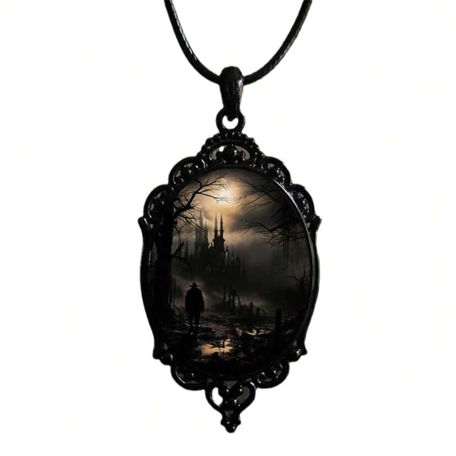 PINK TOWN Gothic Raven Castle Pendant Necklace,Vintage Cameo Glass Pendant Necklace Punk Style Victorian Choker Necklace Goth Raven Cabochon Choker Mystic Witch Halloween Jewelry For Women{Inchcolor_nameinch:Inch4481inch} - 4481 - 查看 1