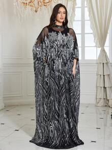 SUPGIR Women's [Random Print] Stand Collar Long Sleeve Sequin Patchwork Elegant Evening Dress - Black - View 6