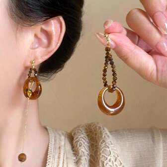 1对复古新款中国风不对称串珠流苏耳环
