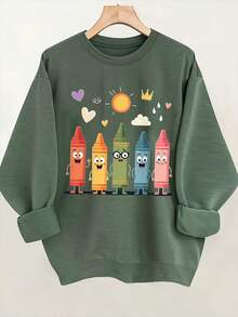 2026 New Year Outfit Women's Round Neck Sweatshirt - Olive Green Casual Pullover With Cute Crayon Pattern, Machine Washable Daily Sweater, Suitable For Art Teachers, Kindergarten Teachers' Fun Educational Clothing Gift, Cute Sweatshirt, Essential For Art Teachers, Kindergarten Dress Up, Cartoon Print Design, Comfortable Fit, Durable Fabric Loose And Comfortable Winter Clothes For Women - 白色 - 查看 4
