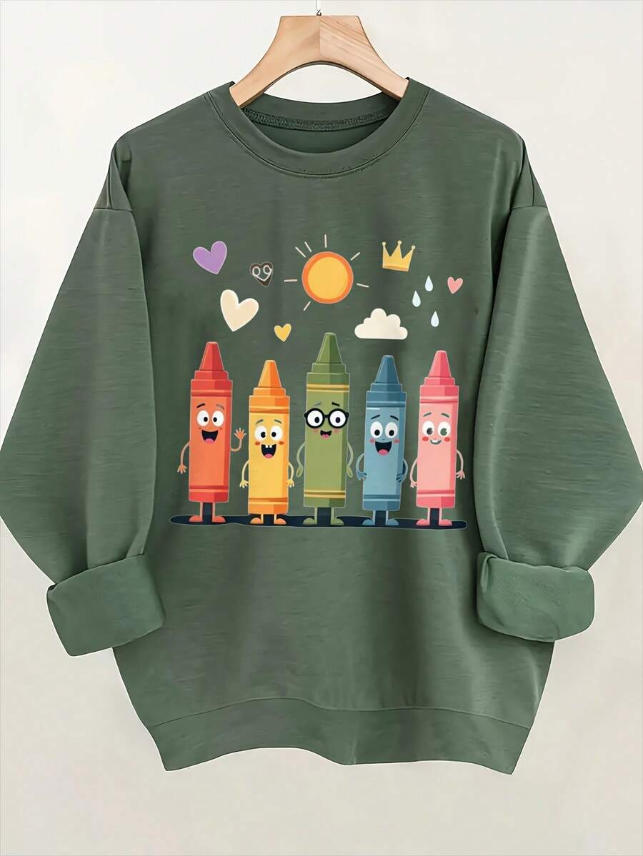 2026 New Year Outfit Women's Round Neck Sweatshirt - Olive Green Casual Pullover With Cute Crayon Pattern, Machine Washable Daily Sweater, Suitable For Art Teachers, Kindergarten Teachers' Fun Educational Clothing Gift, Cute Sweatshirt, Essential For Art Teachers, Kindergarten Dress Up, Cartoon Print Design, Comfortable Fit, Durable Fabric Loose And Comfortable Winter Clothes For Women - 軍綠色 - 查看 1