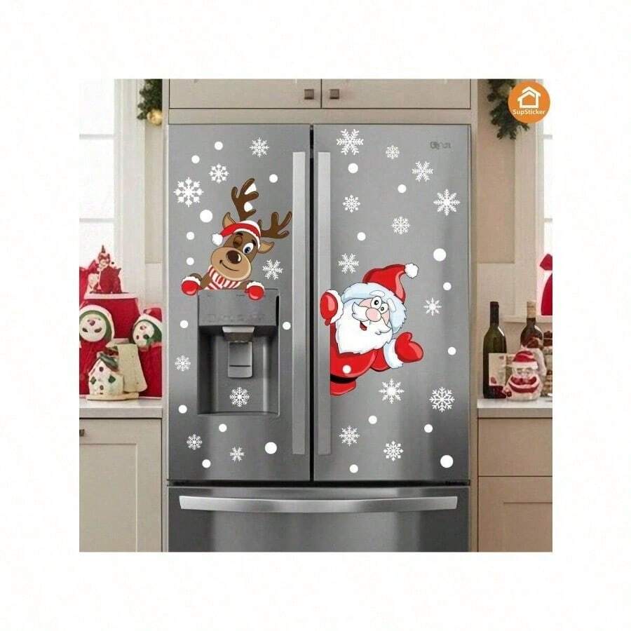 SUPSTICKER 1/2pcs Christmas Elements Cute Cartoon Reindeer And Santa Claus Home Decor Stickers Self-Adhesive PVC Decals For Living Room Bedroom Kitchen Bathroom Walls Windows Fridge Holiday Atmosphere 12.79*9.33inch Room Decor Wall Decor Wall Stickers Wall Sticker - Multicolor - View 1