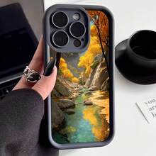 Cubierta de telefono con borde negro diseño paisaje otonal rio entre montanas hojas amarillas y verdes para uso diario y viajes - Negro - Ver 2