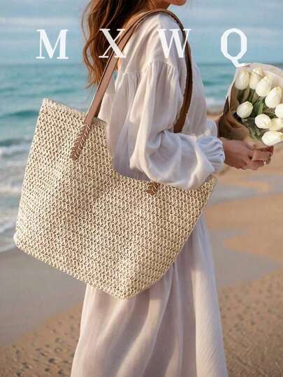 Bolso de playa de paja de verano, bolso grande de gran capacidad, bolso casual de mujer con múltiples bolsillos, adecuado para vestidos, para compras, viajes, almacenamiento, bolso de ratán