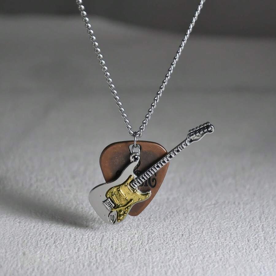 1 Piece Retro Guitar Pick And Guitar Pendant Necklace - Punk Rock Metal Music Enthusiast Accessories, With Black Faux Leather Chain, Unisex Gift, Suitable For Daily Wear And Parties, Concerts, Christmas, Valentine's Day (Uncoated, Durable Retro Music Theme Design) - 棕色 - 查看 1