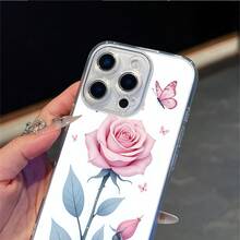 CLEAR  CASE Pink Rose With Blue Leaves And ButterfliesCompatible With  11 To  17 Models The Cases Lens Protection Function Ensures The Camera Remains Undamaged During Shooting  Guaranteeing Image Quality - Clear - View 3