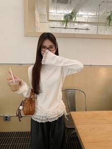 女式双层蕾丝边高领修身抽绳长袖 T 恤