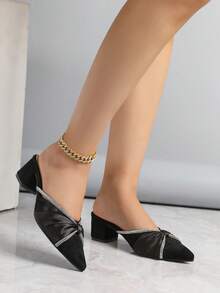 Zapatos de tacón grueso con punta puntiaguda, decorados con rhinestones, de uso versátil y cómodo, para mujer, para primavera/otoño - Negro - Ver 7