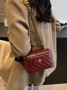 Nuevo bolso cuadrado de unicolor clásico de otoño/invierno, bolso cuadrado acolchado de PU, bolso de mano, bolso de hombro con cremallera, con asa desmontable, se puede llevar en la mano, al hombro o cruzado, adecuado para mujeres, estudiantes universitarias para viajes, compras, fiestas y citas. - Burdeos - Ver 4