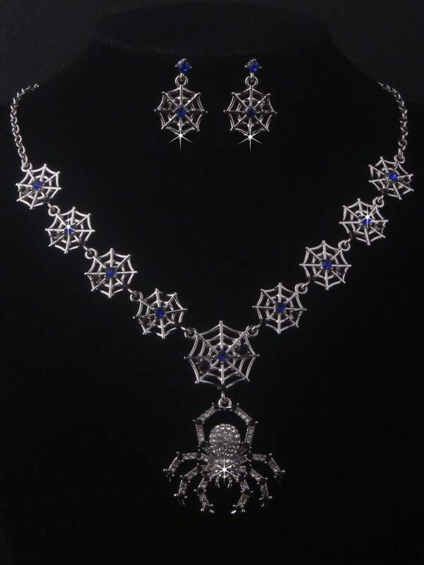 Bridal Necklace & Earrings Set, Women's Blue Spider Web Necklace Earrings, Elegant Delicate Choker Pendant, Luxury High-End Earrings Jewelry Set