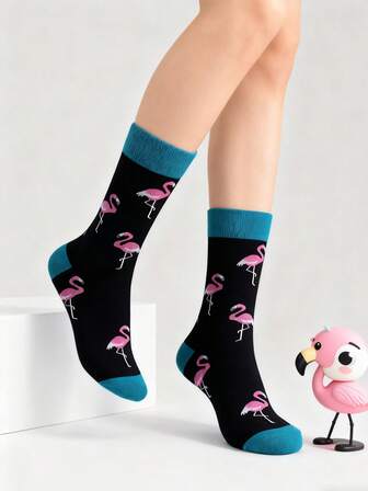1 par de calcetines de media caña con flamencos de colores para mujeres, de moda, suaves y cómodos para otoño/invierno, adecuados para interiores, exteriores, deportes y uso diario