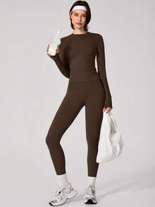 1 Set Women Elastic Tight Fit Thermal Lined Lifting Waist Long Sleeve Pants Sports Suit - Brown - View 2