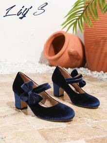 玛丽珍鞋 - 优雅时尚圆头粗跟低鞋面蝴蝶结装饰天鹅绒高跟鞋，魔术贴搭扣方便穿脱，适合派对/婚礼/圣诞节/商务场合，秋冬季，四季皆宜，蓝色 - 藍色 - 查看 4