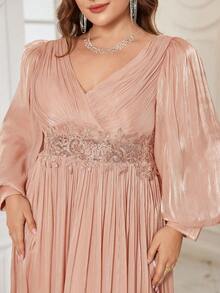 UNITHORSE Đầm dạ hội dài tay cổ chữ V, thắt eo, hở lưng, thêu họa tiết dành cho nữ cỡ lớn, thích hợp cho đám cưới, mùa xuân. - Rượu sâm banh - Xem 1