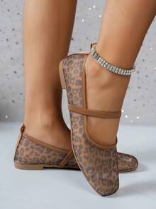 秋冬季方头网眼豹纹女式平底鞋，时尚舒适透气玛丽珍芭蕾平底鞋，一脚蹬乐福鞋 - 豹紋 - 查看 5