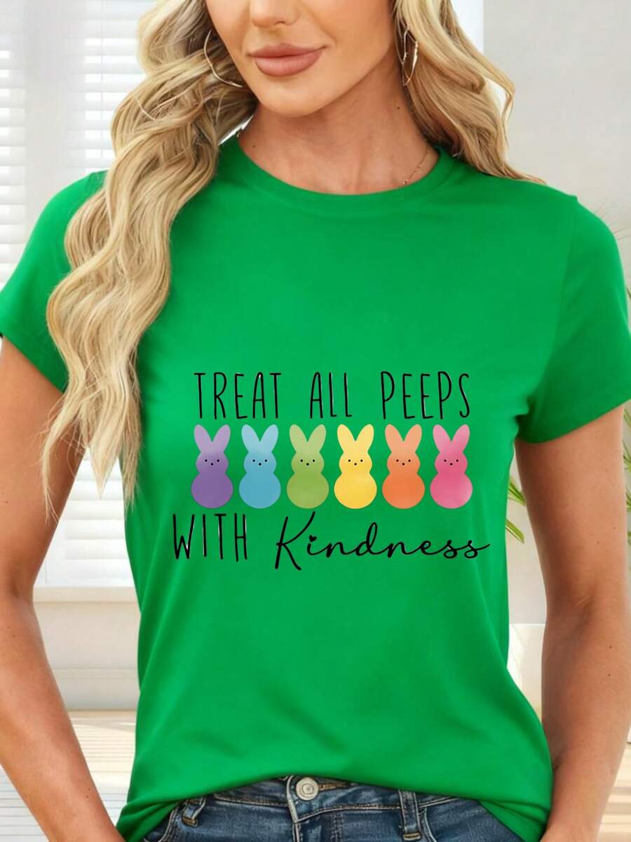 Rainbow Rabbit Print T-Shirt For Spring And Easter - 綠色 - 查看 1