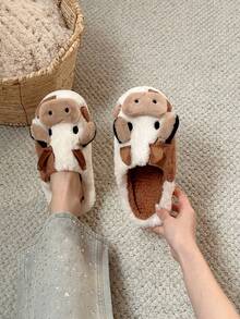 XIXITIAO 1 Paar süße Kuh-Muster Slip-On Hausschuhe, weiche Plüschfütterung, warme Hausschuhe, Farbblock, rutschfeste Sohle, geeignet für Zuhause, Winter