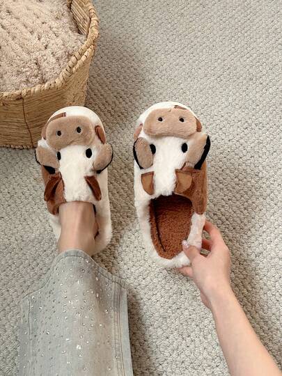 XIXITIAO 1 par de pantuflas con estampado de vaca lindas, forro de felpa suave, zapatos de interior cálidos, con bloques de color, suela antideslizante, adecuados para el hogar, invierno