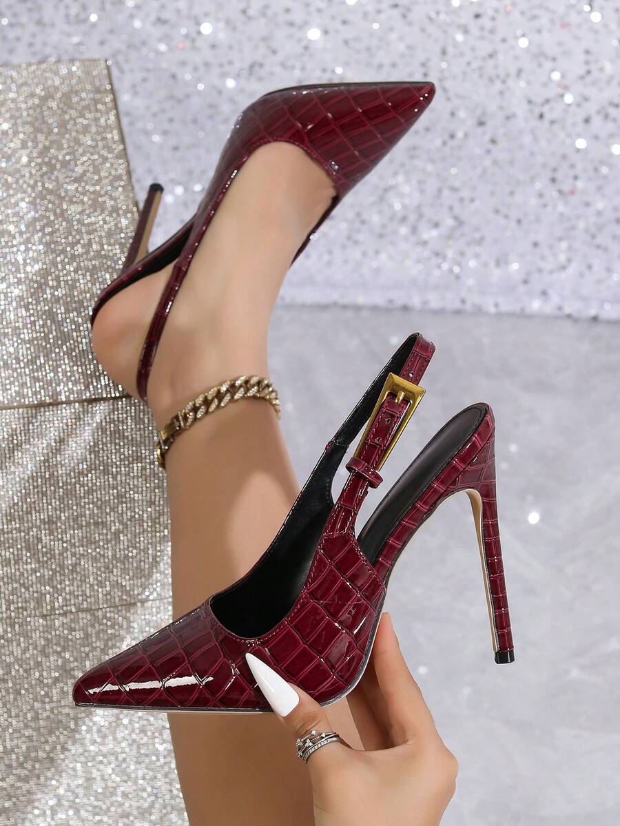 Women's Shiny Stone Texture Buckle Stiletto High Heels, Burgundy Color, 2025 New Arrival,Stilletos Heels - Burgundy - View 1