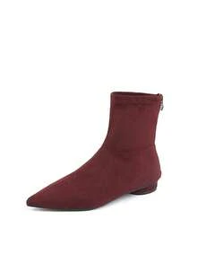 بوت نسائية برقبة قصيرة ذات كعب منخفض من الجلد الأحمر البوردو، بتصميم رأس مدبب وسحاب خلفي، مناسبة للأعمال والحفلات والزفاف والنوادي الليلية - عنابي اللون - مشاهدة 2