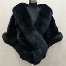 Elegant V-Neck Faux Fur Cloak, Luxury Oversized Plush Shawl Black Red, Versatile Winter Wrap For Travel, Weddings, Christmas And Special Events - 黑色 - 查看 1