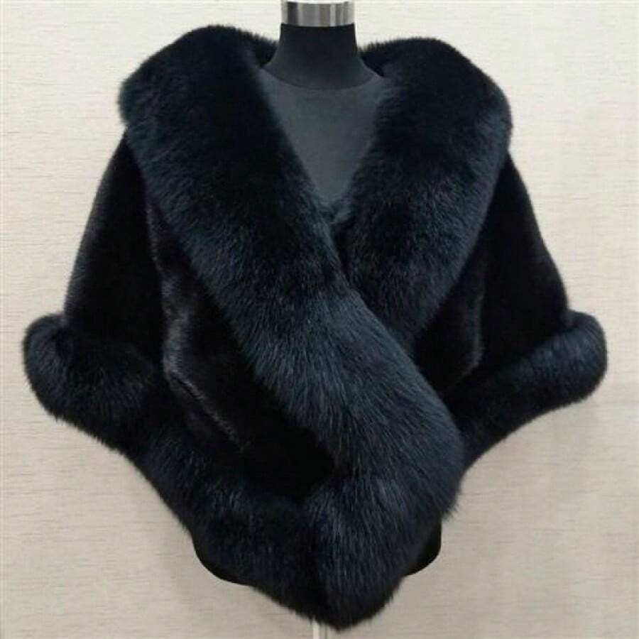 Elegant V-Neck Faux Fur Cloak, Luxury Oversized Plush Shawl Black Red, Versatile Winter Wrap For Travel, Weddings, Christmas And Special Events - 黑色 - 查看 1