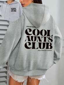 Plus Size Women's Daily "Proud Member Cool Aunts Club Like A Mom But Cooler" Text Pattern Sweatshirt Hooded Long Sleeves Casual Spring/Summer/Fall Women's Plus-Size Long-Sleeved Sweatshirt Halloween Going Out Tops Women, Vacation Outfits Women - Light Grey - View 6