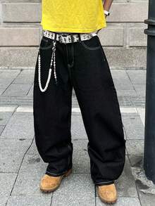 1条Infinite Jeans复古印花宽松休闲阔腿牛仔裤，舒适百搭，不含腰带或配饰 - 黑色 - 查看 2