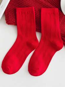 1双男士秋冬人字纹网眼红色棉质中筒袜，情侣款 - 紅色 - 查看 3