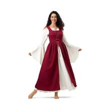 Women's Peasant Overdress With Adjustable Laces Pockets, Renaissance Corset Dress Halloween, Medieval Festival - 葡萄酒+大杯 - 查看 4