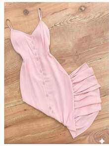 Long Dress In Viscose Linen, Plain, With Thin Straps, Buttons Down The Front, Padded Cups And Lining. Elasticated Back. - Baby Pink - View 1